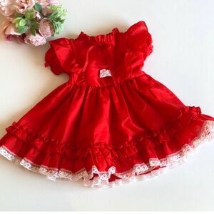 Martha’s Miniatures Red Pinafore Ruffle Dress Lace Heart 18-24 Months 1980s